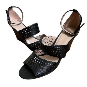 Tory Burch Black Leather Perforated Gladiator Wedge Sandals Size 11 Excellent